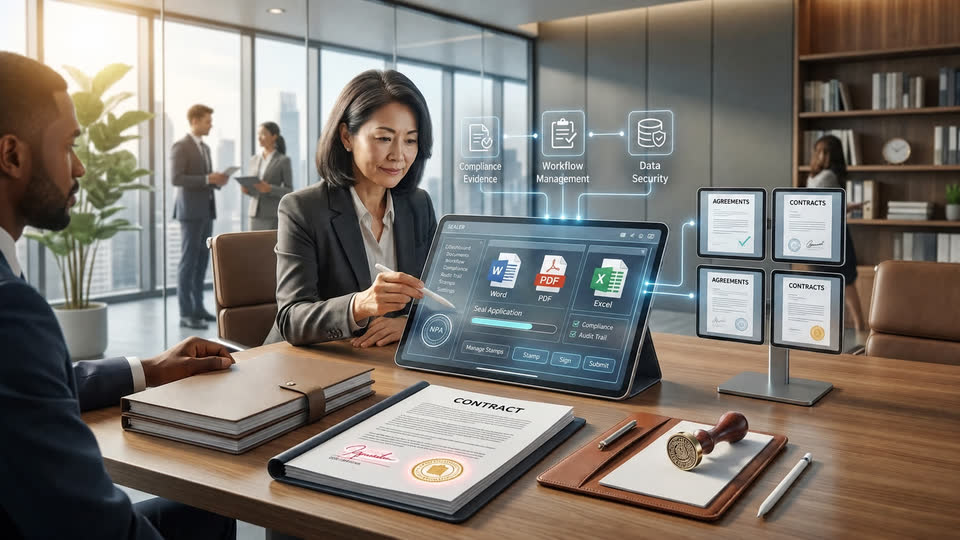 Equip d'oficina aplicant segells en documents digitals